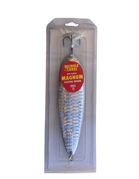 8" Nichols Lures Shattered Glass Silver Ben Parker Magnum Flutter Spoon 3.5oz